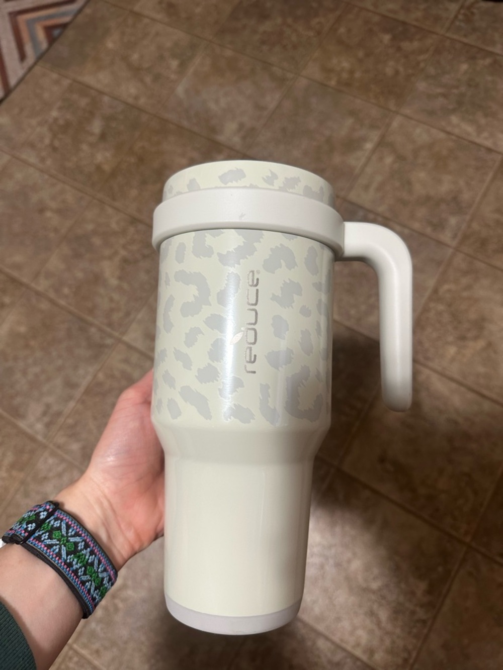Reduce White Leopard-Print Insulated Travel Mug with Handle